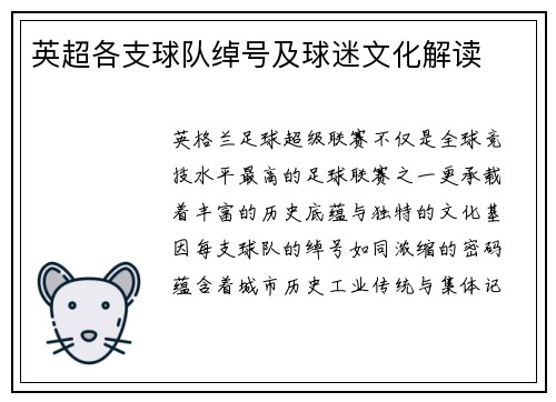 英超各支球队绰号及球迷文化解读