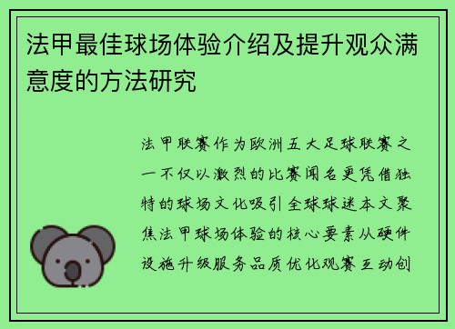 法甲最佳球场体验介绍及提升观众满意度的方法研究